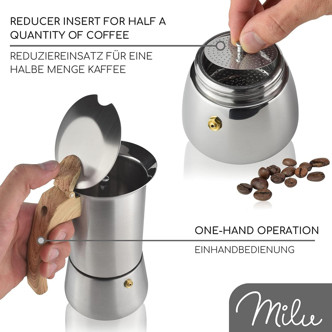 Milu Espressokocher (2 Cup No Induktion) | 2, 4, 6, 9 Tassen | Edelstahl Mokkakanne, Espressokanne,