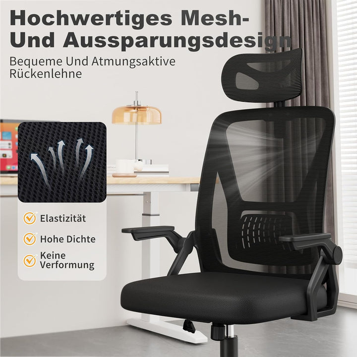 naspaluro Bürostuhl, Schreibtischstuhl mit Mesh, Lenden- und Kopfstütze, Drehstuhl mit 90° Klappbare