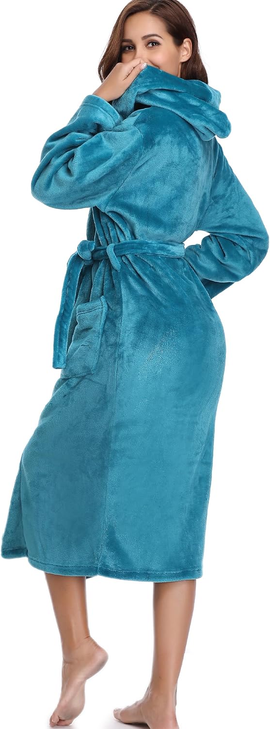 Vlazom Winter Bademantel weicher Flanell Bademantel Damen Saunamantel mit Kapuze flauschiger Morgenm