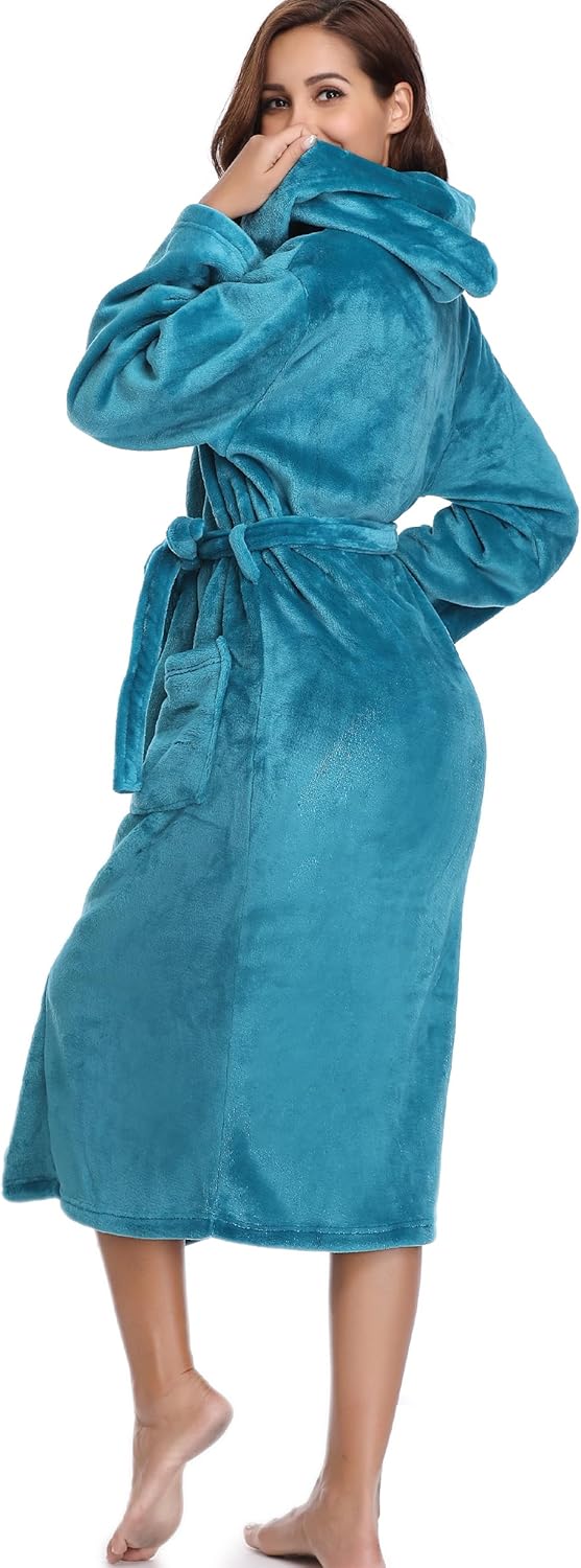 Vlazom Winter Bademantel weicher Flanell Bademantel Damen Saunamantel mit Kapuze flauschiger Morgenm