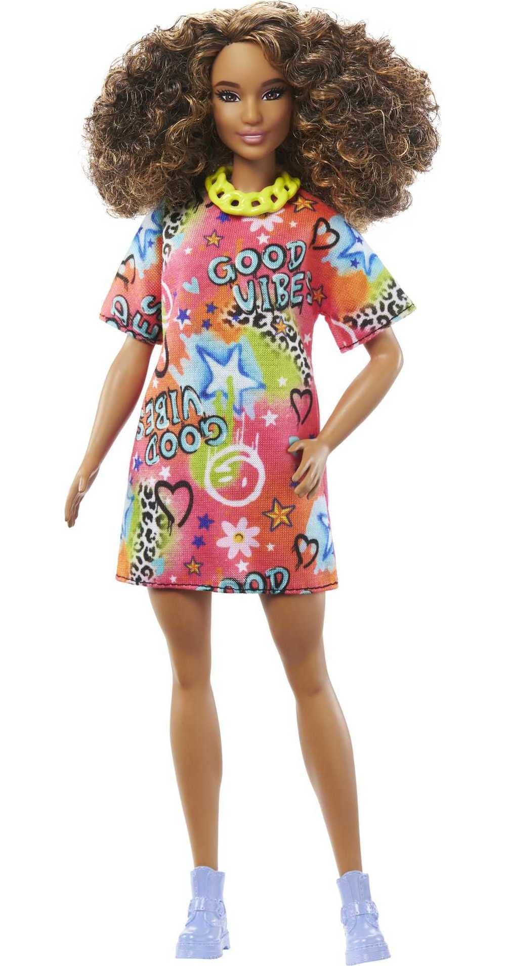 Barbie HPF77 Puppe, Spielzeug für Kinder, lockige, braune Haare, Fashionistas, athletischer Körperba