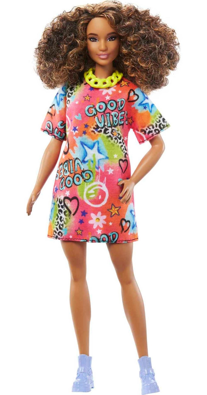 Barbie HPF77 Puppe, Spielzeug für Kinder, lockige, braune Haare, Fashionistas, athletischer Körperba