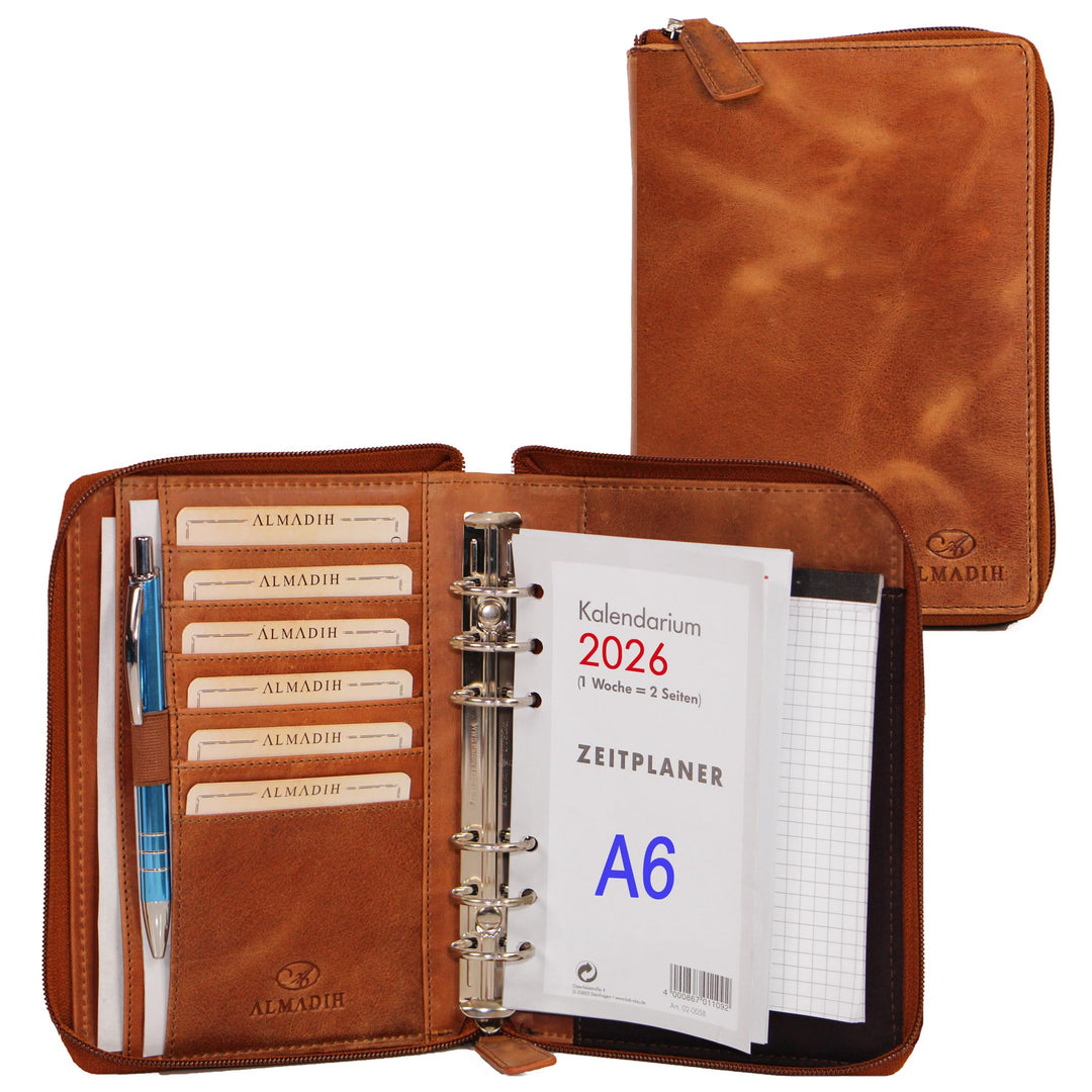 ALMADIH Leder A6 Organizer mit Reissverschluss Kalender 2024 Notizblock Premium Rindsleder Braun Del