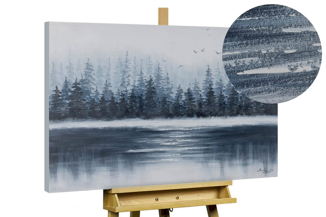KunstLoft Leinwandbild | 100% HANDGEMALT | 100x75cm | Gemälde 'Tannen im Nebel' | Wald & Bäume | Bla