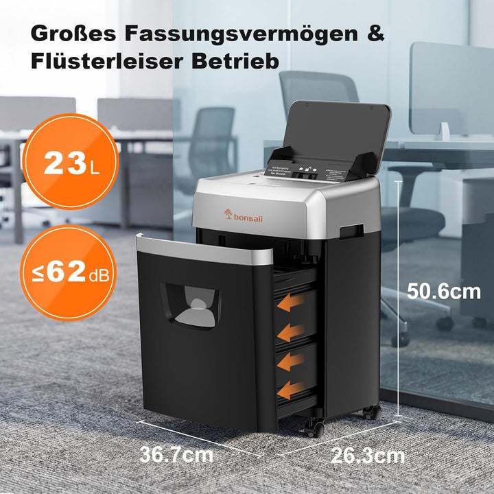 Bonsaii Aktenvernichter mit Automatik-Zuführ für 160 Blätter, P-4 Kreuzschnitt, 60 Min Dauerbetrieb,