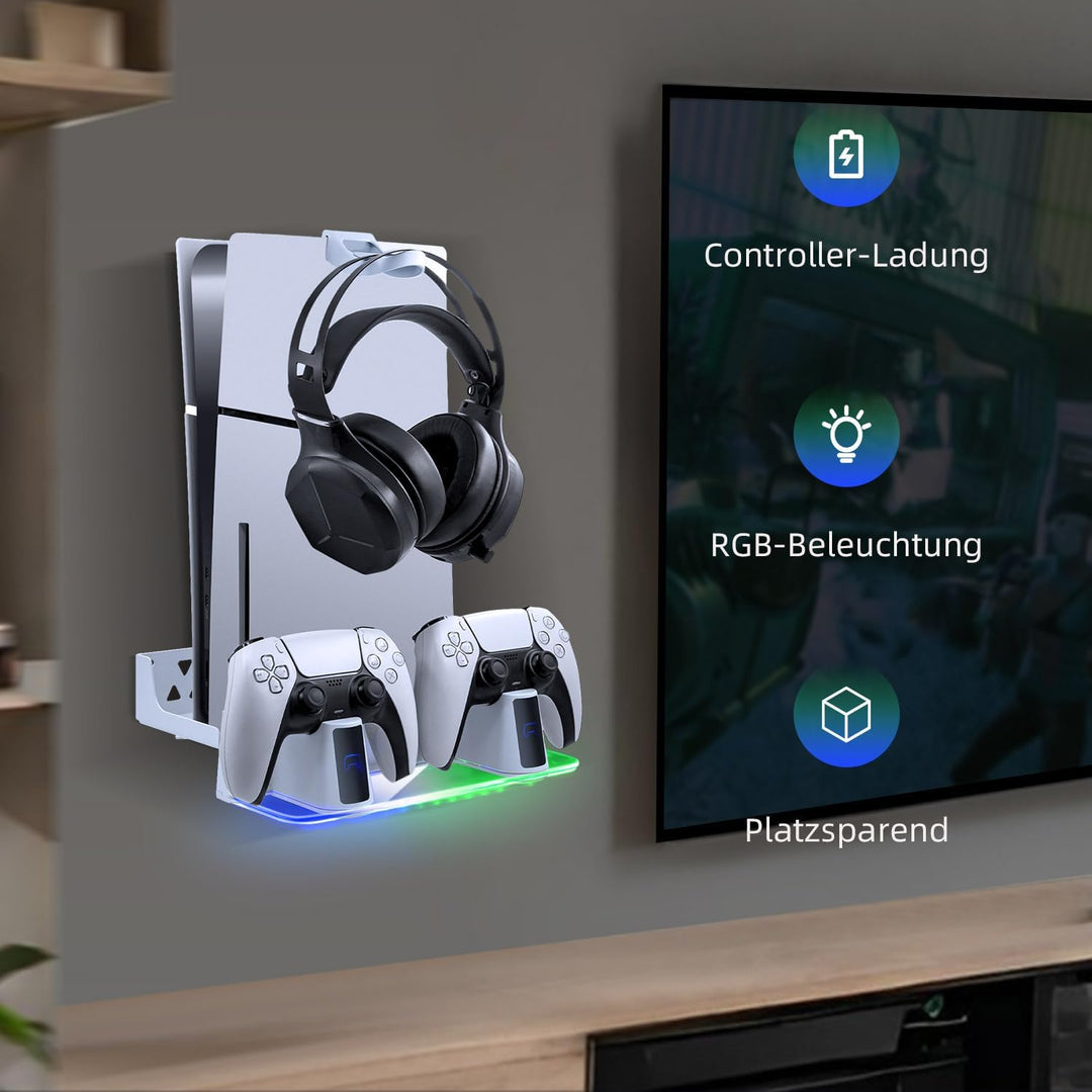 Mcbazel Wandhalterung PS5 mit Schnellladestation, Dual-Controller und RGB-Licht für PlayStation 5 Ko