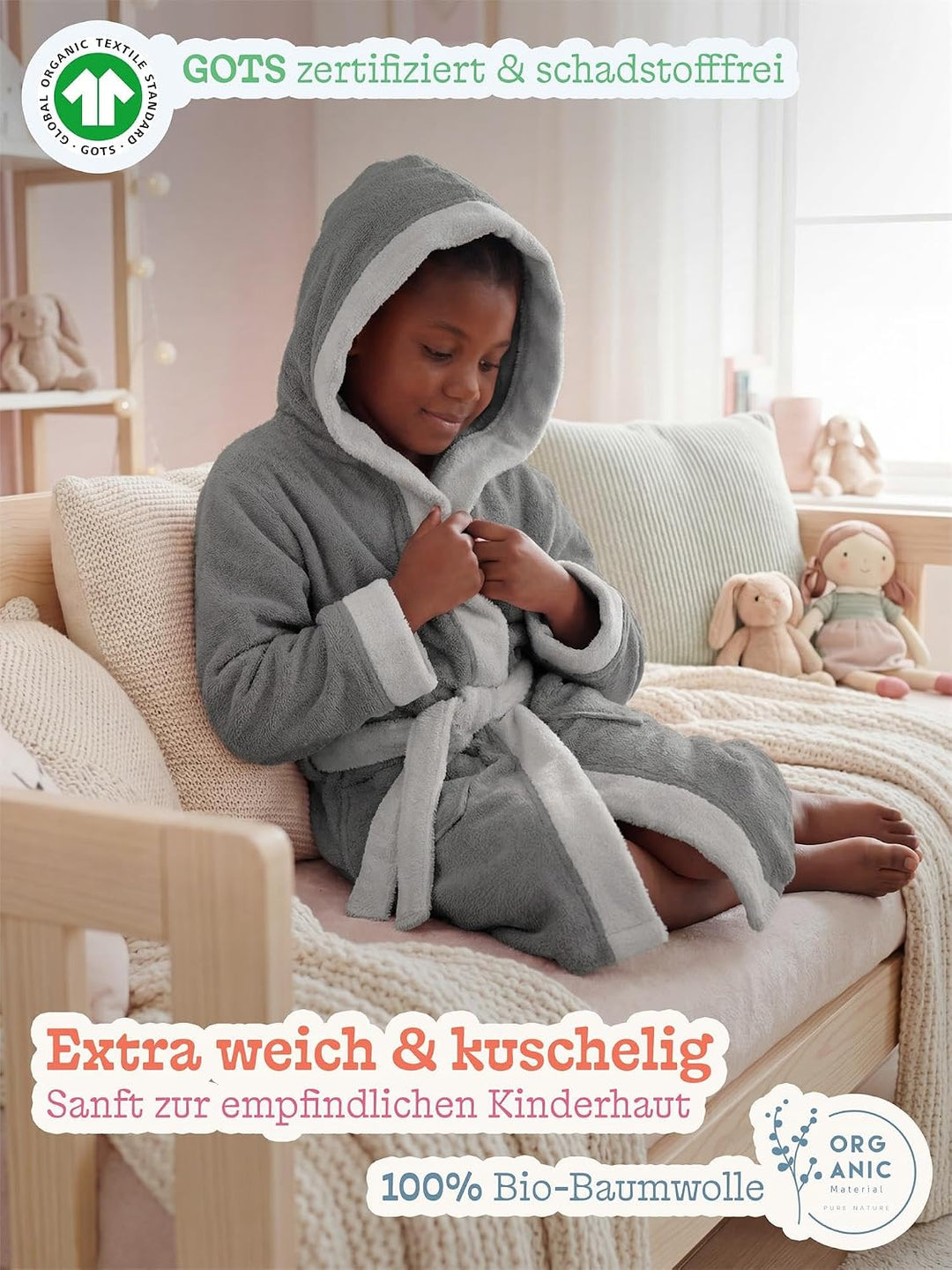 normani Kinder-Bademantel mit Kapuze aus 100% Bio-Baumwolle - für Jungen und Mädchen 98-104 Grau, 98