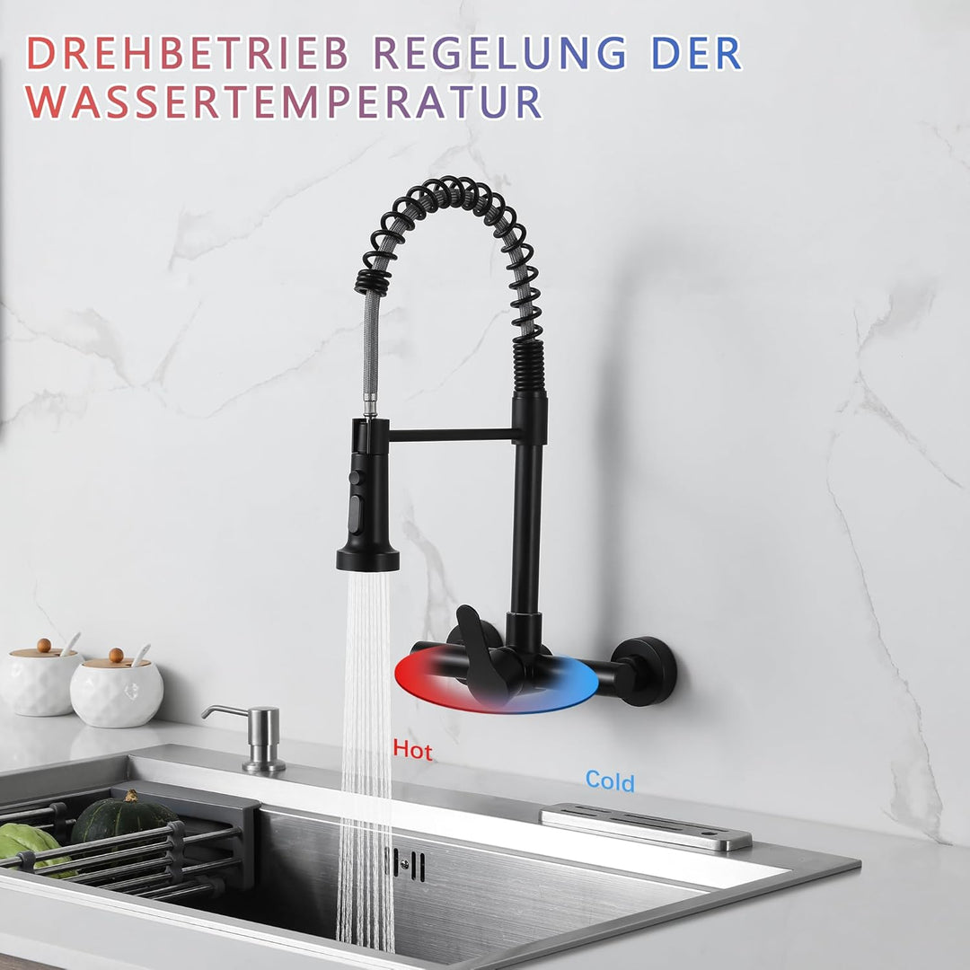 LIWEIKE Küchenarmatur Wandmontage, 360° Drehung Wasserhahn Schwarz Küche mit 2 Strahlarten Wasserhah