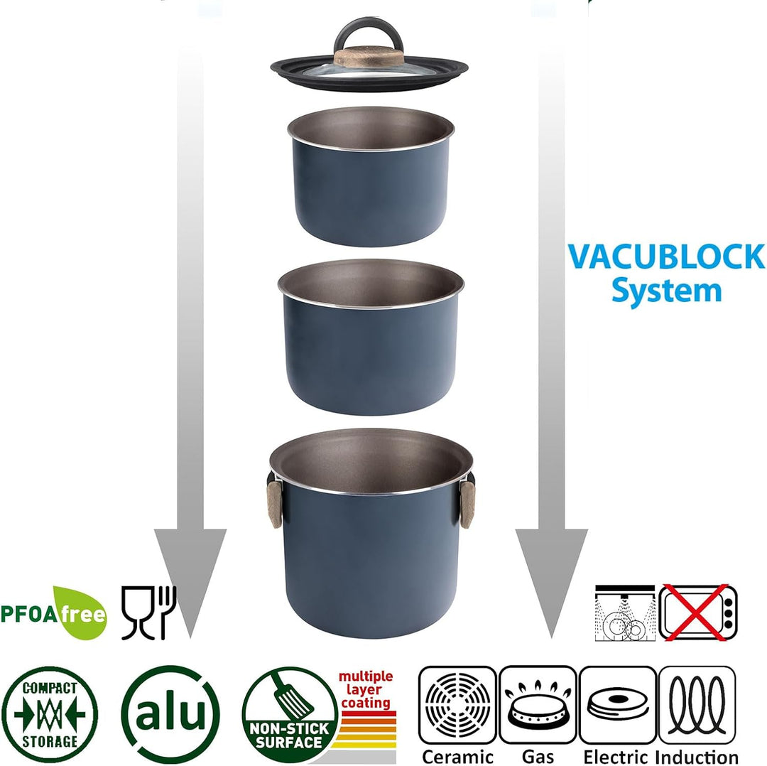 BRUNNER Camping HOHES Kochgeschirr-Set Alu (Töpfe und Pfannen) - ø 18, 20, 22 cm TORRALTA Vakublock