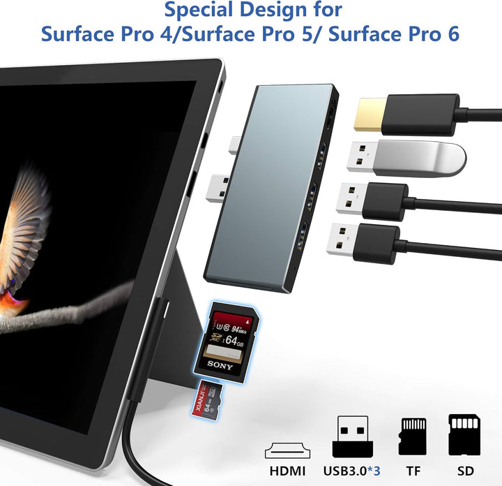 Cateck Microsoft Surface Pro USB Hub Docking Station, Aluminium Surface Pro 4/5/6 USB 3.0 Hub Adapte