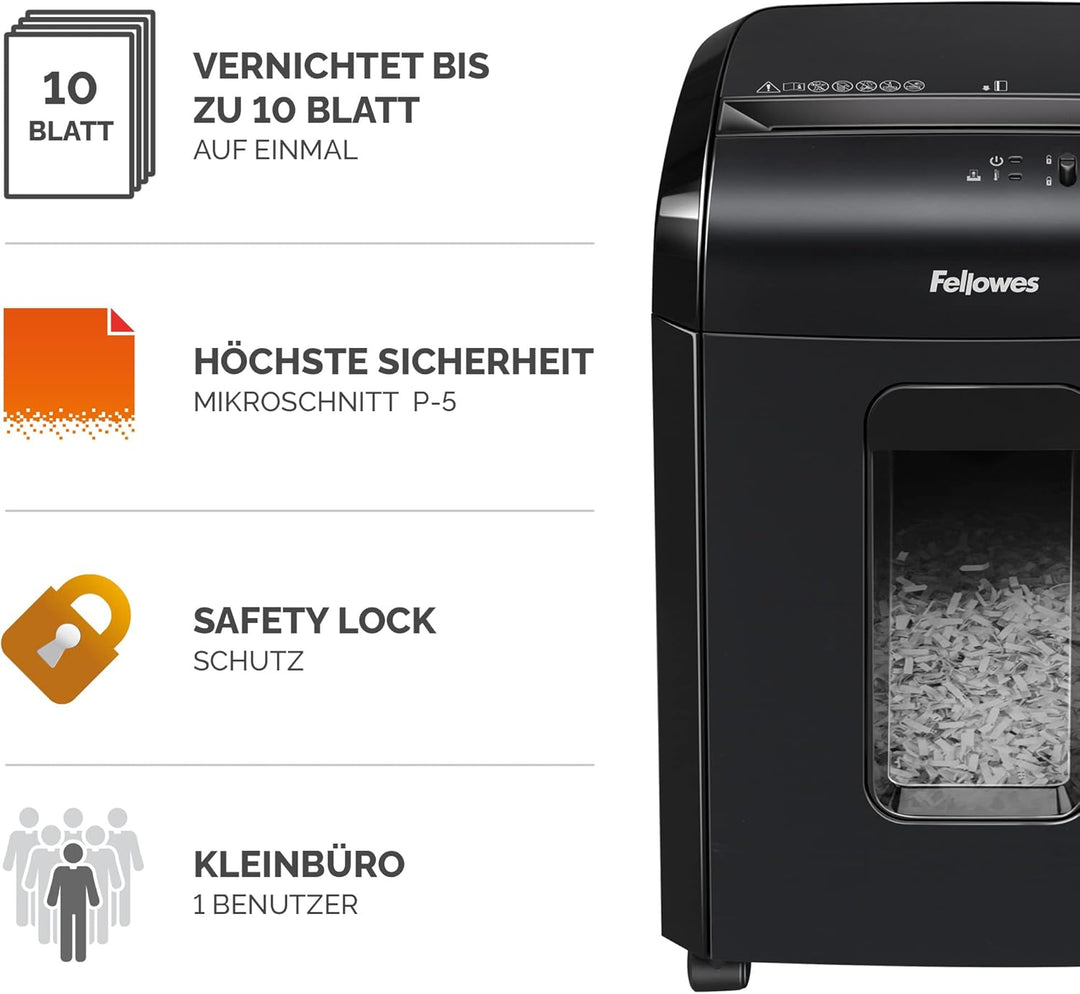 Sicherheitsstufe P5 Aktenvernichter: Fellowes Microcut (2000+ Partikel/A4), 10 Blatt, Powershred 10M