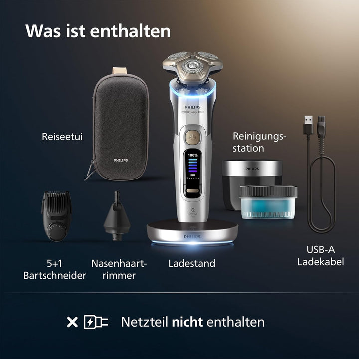 Philips Rasierer i9000 Prestige Ultra, Nass- und Trockenrasiererr, chrom, Druck- und Bewegungssensor
