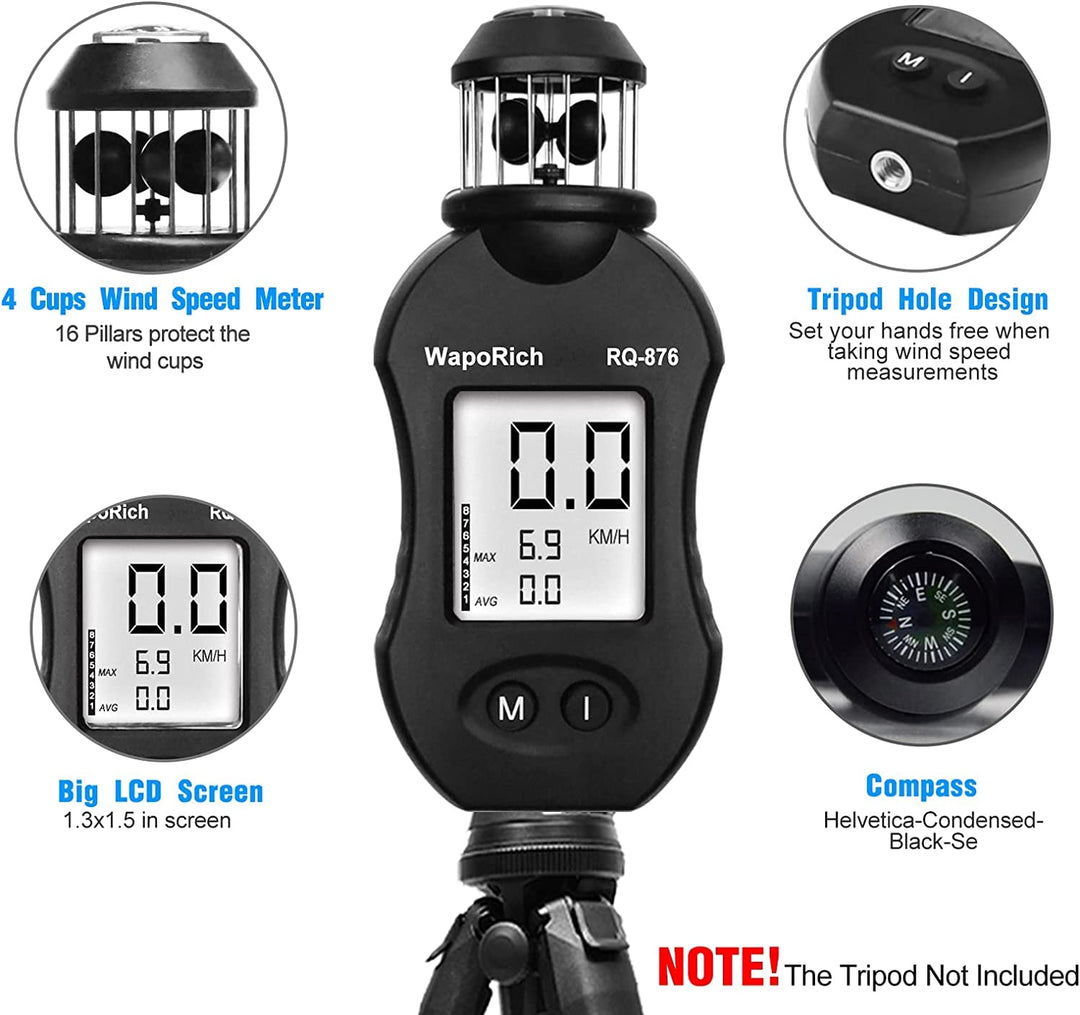 WapoRich Mini Windmesser, 360° Cup-Anemometer Handheld Windmessgerät misst Windgeschwindig 0,7–42 m/