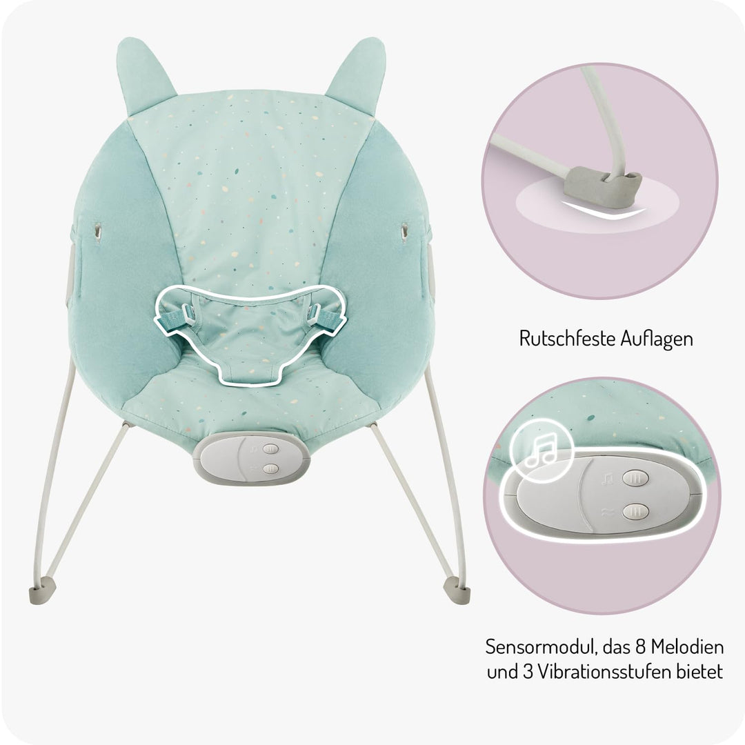 MoMi GLOSSY Babywippe für Babys bis 9 kg, 3-Punkt-Sicherheitsgurt, Metallgestell mit Antirutsch-Füss