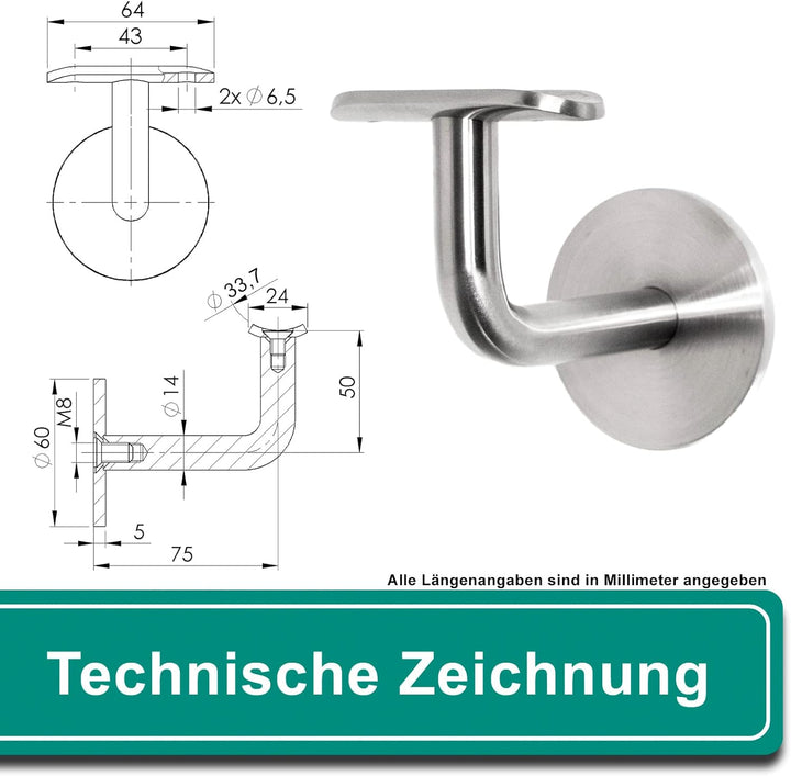 PRIOstahl Handlaufhalter Handlauf Wandhalter Handlaufstütze - 2 x Handlaufträger an Rundrohr Ø 33,7