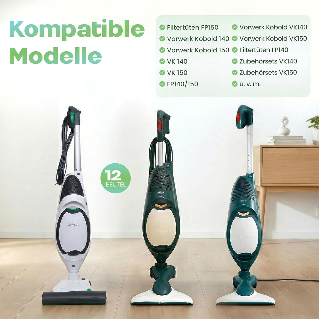 12 Staubsaugerbeutel passend für Vorwerk Staubbeutel FP140, FP150, Kobold VK 140, VK 150, mehrlagige