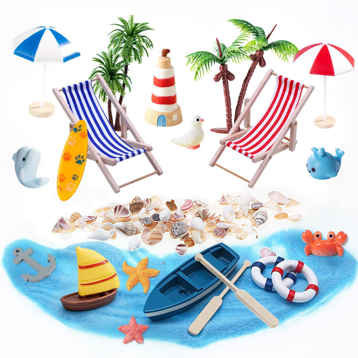 21 Stück Strand-Mikrolandschaft Miniatur Dekoration mit Mini LiegestüHlen Palmen Sonnenschirmen Couc