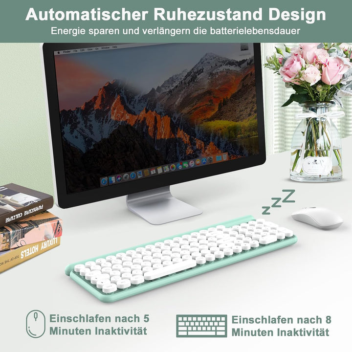 RaceGT Funk Tastatur Maus Set 2.4G Retro Rund QWERTZ Numblock Leise Kompakt Grün&amp;Weiss, Grün&amp;Weiss