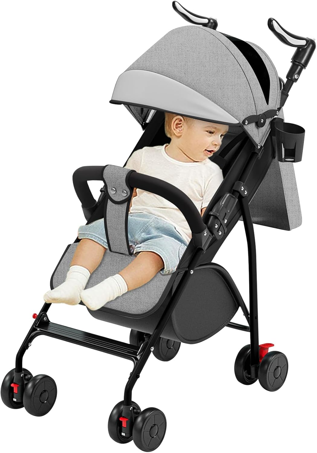 Kinderwagen mit 4 Rädern, bis zu 25 kg, grosses Verdeck, kompaktes Zusammenklappen, neigbare Rückenl