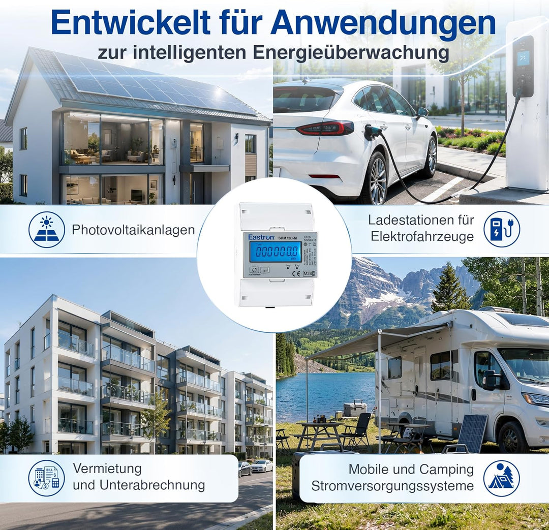 3-Phasen Zweirichtungs-Drehstromzähler [SDM72DM-V2] mit RS485 Modbus, S0-Impulsausgang und LCD-Displ