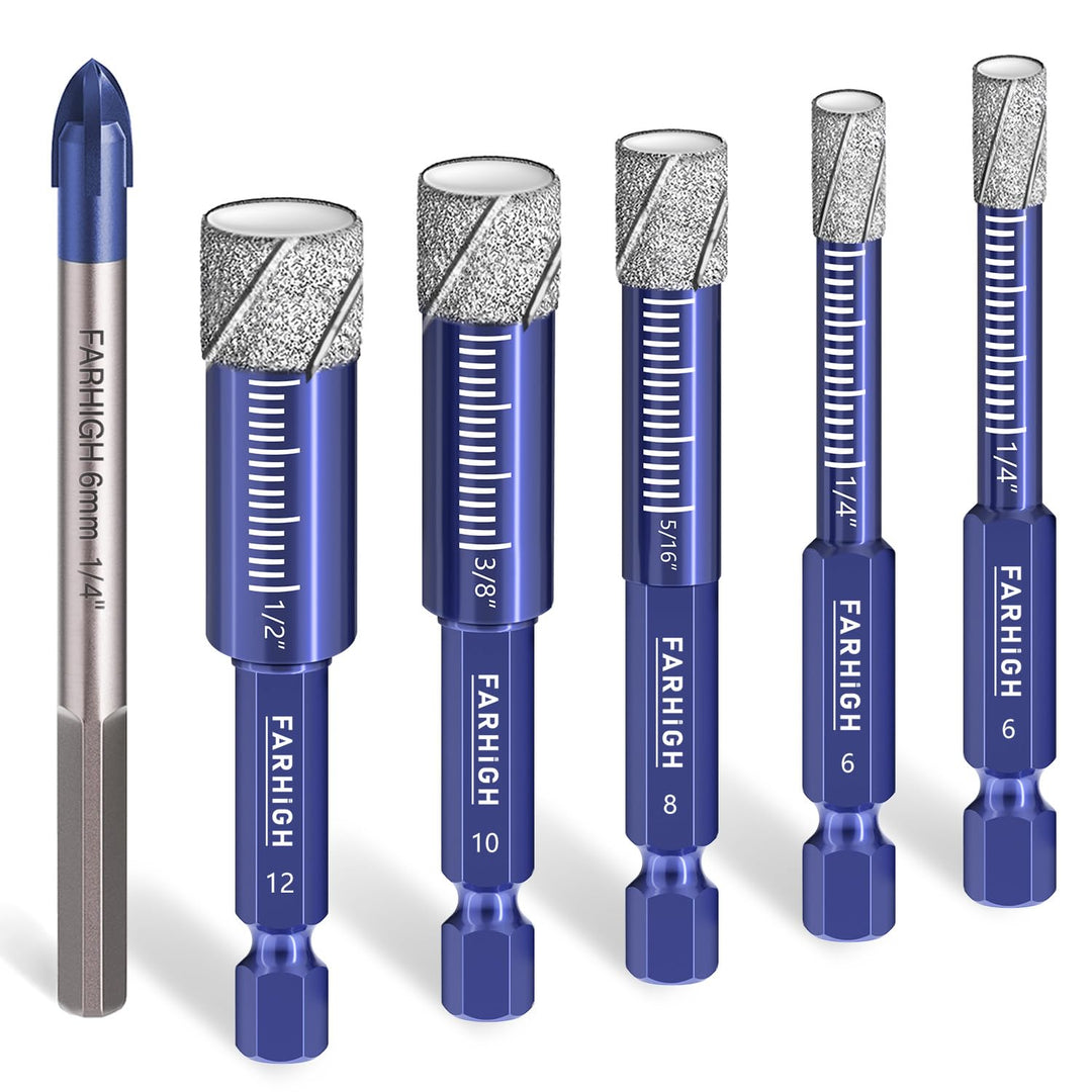 Diamantbohrer Fliesenbohrer Glasbohrer Set 6 tlg. 6, 8, 10, 12mm & 6mm Wolframstahl-Legierungsbohrer