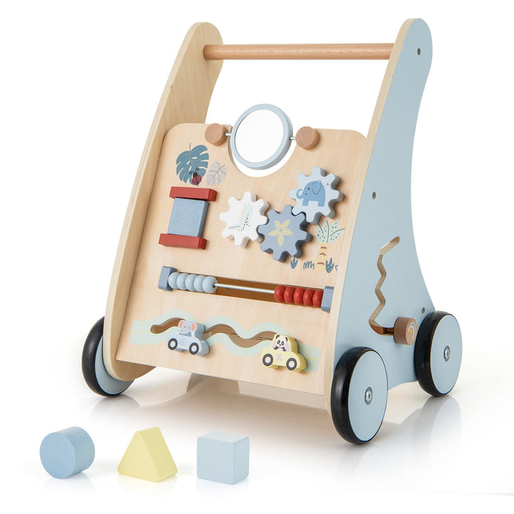 DREAMADE Lauflernwagen Holz, Baby Lauflernhilfe mit Spiegel &amp; Spielzeug, Gehfrei Baby Holzspielzeug