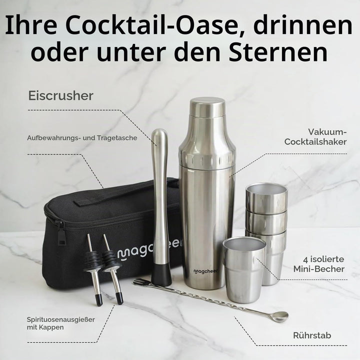 Magcheer Cocktail Shaker Set mit Stapelbaren Bechern 900ml Premium Edelstahl Frostsicherer Doppelwan