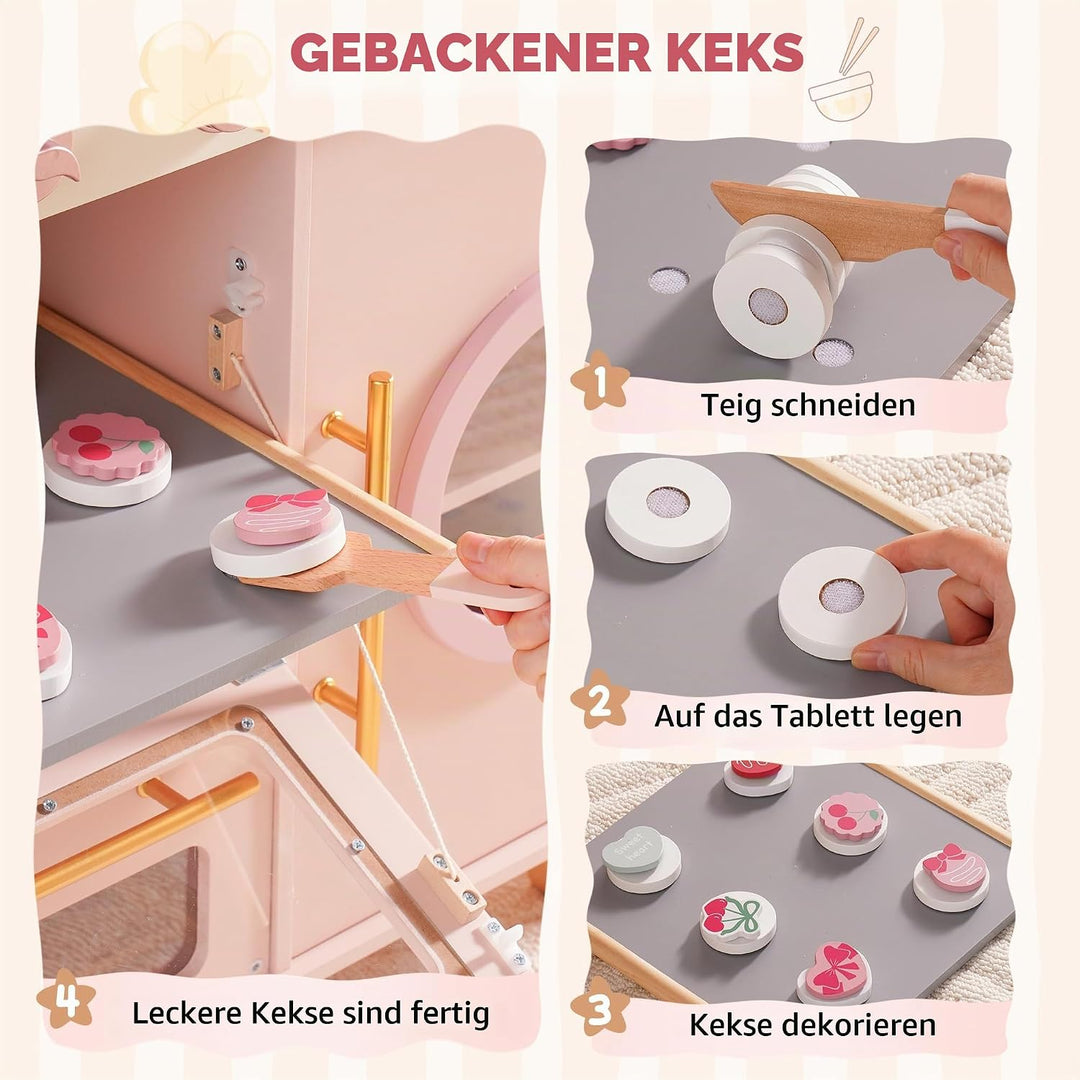 ROBUD Kinder Spielküche aus Holz, Kinder Spielzeugküche Spielset mit Brotmaschine, Ofen mit Kuchen,