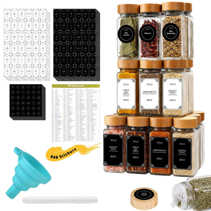 24 Set Gewürzgläser mit Schüttaufsatz, 120 ml Gewürzgläser Eckig Inklusive 648 Etiketten, Gewürz Org
