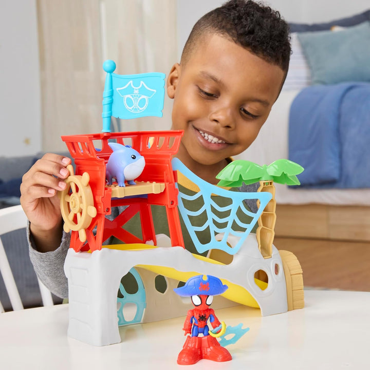 Marvel Spidey und Seine Super-Freunde – Water-Webs Spidey Insel Spielset mit Falltür, Rutsche, Netzk