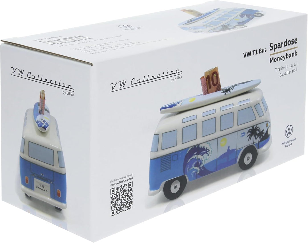 BRISA VW Collection - Volkswagen Spar-Büchse-Schwein-Dose mit Surfbrett im T1 Bulli Bus Samba Design