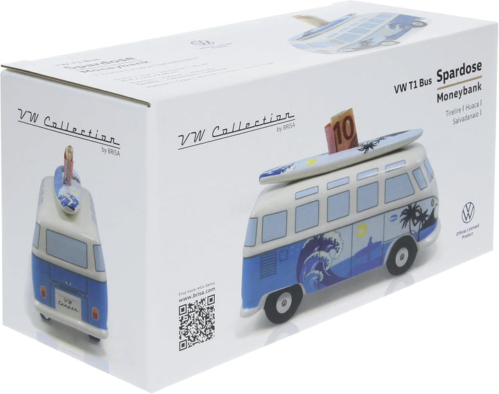 BRISA VW Collection - Volkswagen Spar-Büchse-Schwein-Dose mit Surfbrett im T1 Bulli Bus Samba Design