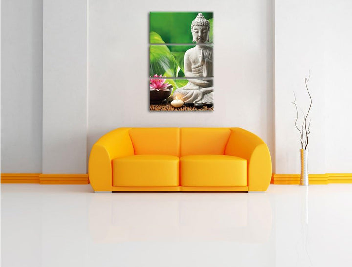 Pixxprint Seerose Buddha Statue als Leinwandbild/Grösse: 3 Teilig (120x80 cm) cm/Wandbild/Kunstdruck