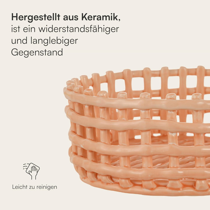 Baroni Home Mehrzweck-Korb aus Keramik, geflochten, Obstkorb, Tischdeko, Taschenleerer (rund, rosa)