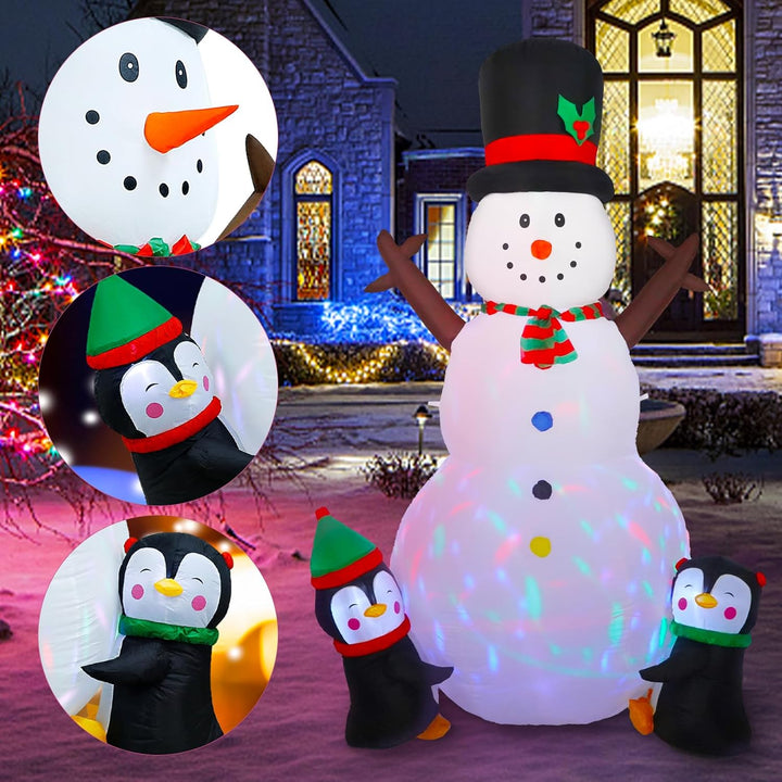 2,44m/8FT Aufblasbarer Schneemann mit 2 Pinguinen – LED Weihnachtsdeko Outdoor, Frosty Figur Beleuch