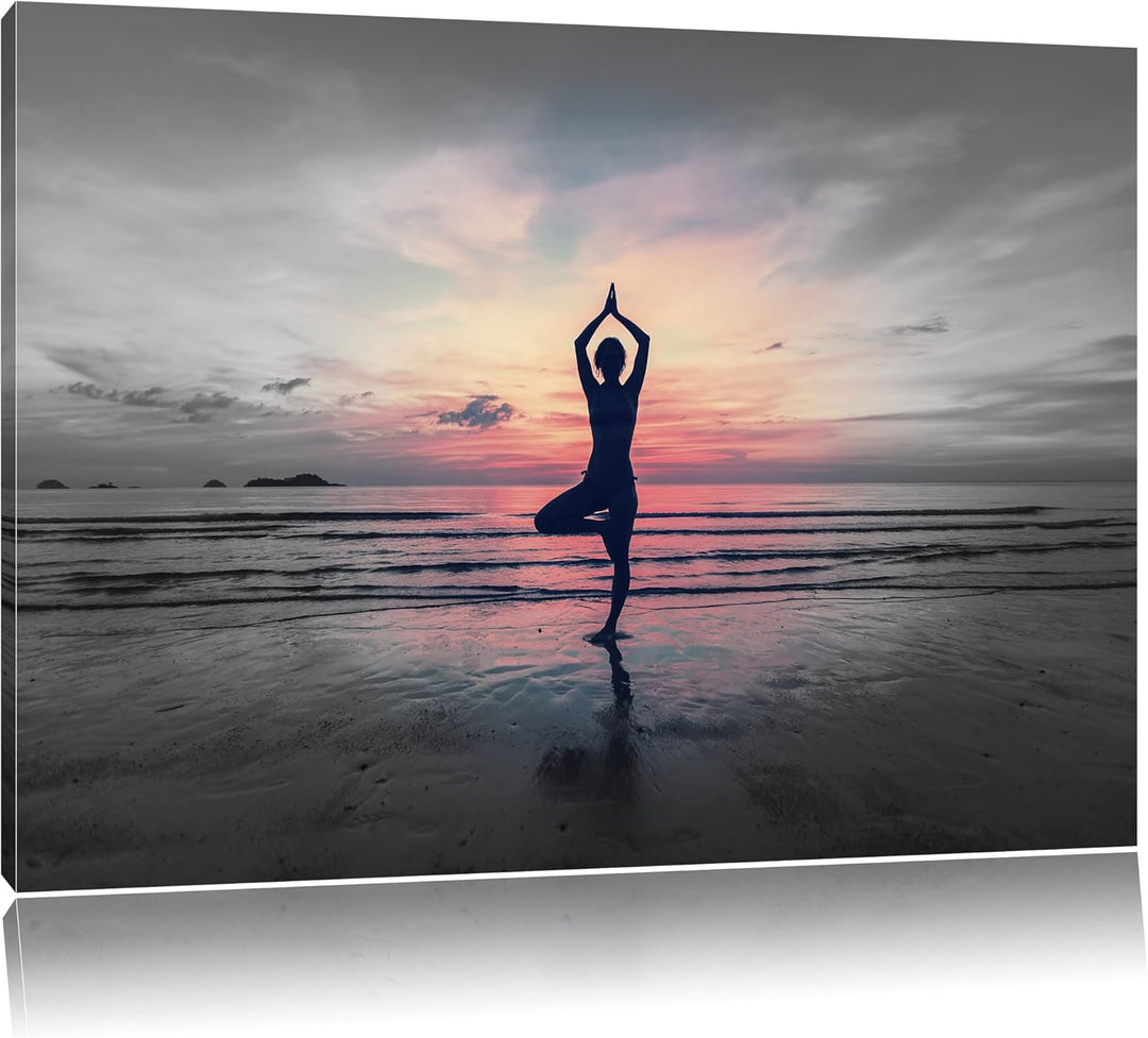 Yoga am Strand B&W Detail, Format: 100x70 auf Leinwand, XXL riesige Bilder fertig gerahmt mit Keilra