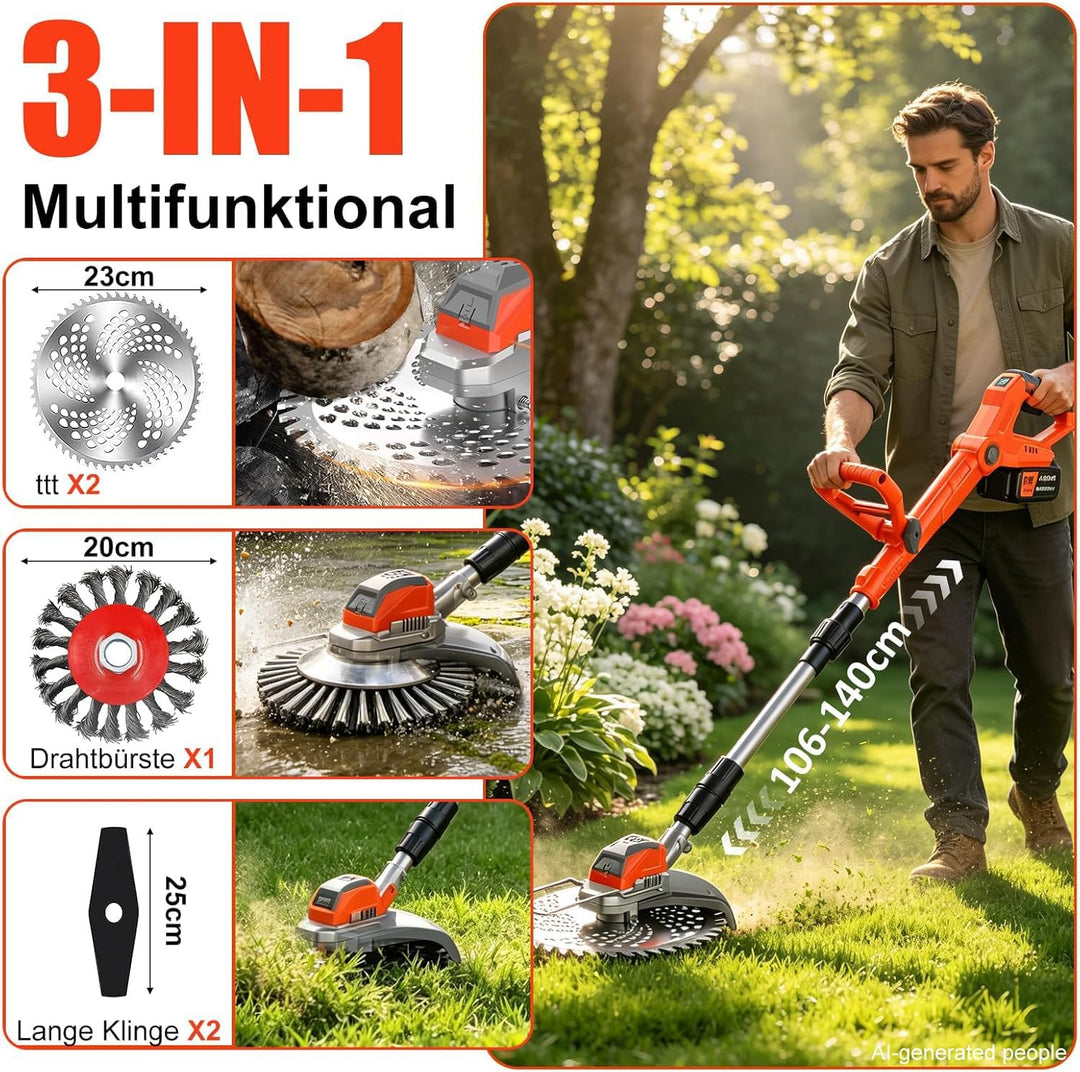 21V Rasentrimmer mit Akku, 3 in 1 Rasenkantenschneider mit Unkrautbürste, Faltbar Elektrischer Motor