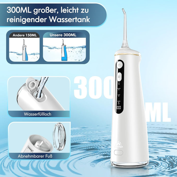 Munddusche Kabellos, Water Flosser for Teeth Mit 4 Modi & 8 Stufen 7 Düsen 300ML Tank Munddusche für