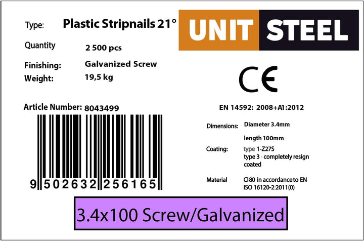 UnitSteel 21° Rundkopf Streifennägel - 3,4X100mm, 2.500 stück, Nägel für Druckluft-Nagler, Verzinkt/