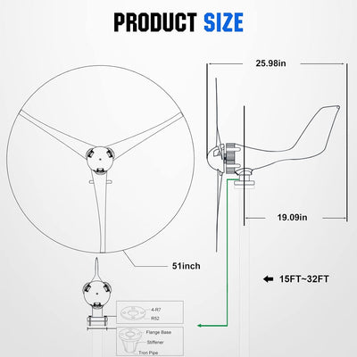 ECO-WORTHY Windturbine Generator 400W DC12V-24V mit 3 Blättern 5,6 Meilen pro Stunde niedrige Startw