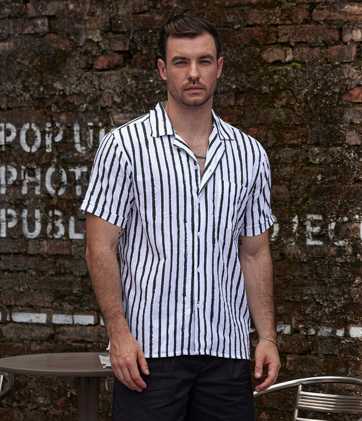 VATPAVE Herren Gestreifte Sommerhemd Casual Button Down Kurzarm Strand HawaiiHemd, Grünweiss