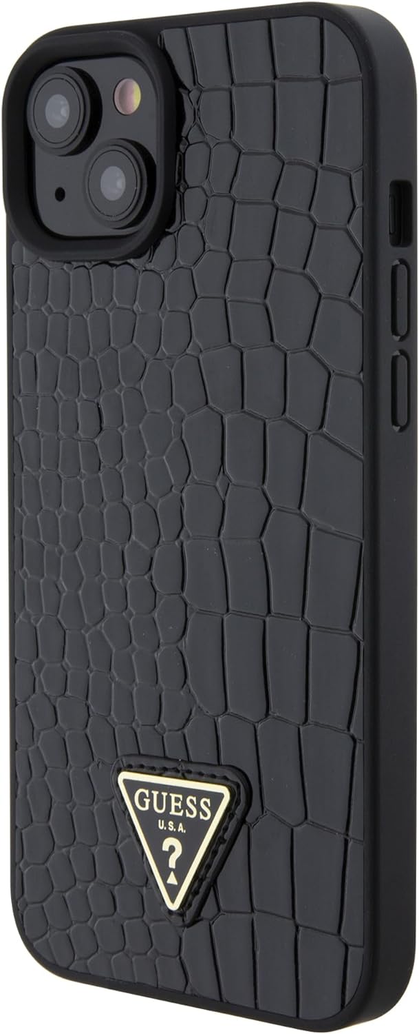 GUESS GUHCP15SPCRTHCK Hülle für iPhone 15 6.1" Schwarz hardcase Croco Triangle Metal Logo