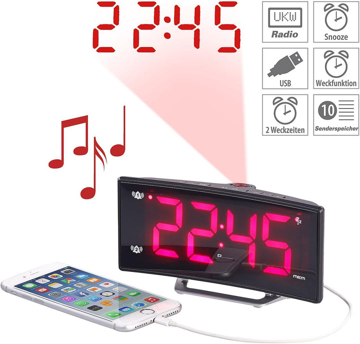 auvisio Weckradio: Projektions-Radiowecker mit Curved-Display, Dual-Alarm & USB-Ladeport (LED Wecker