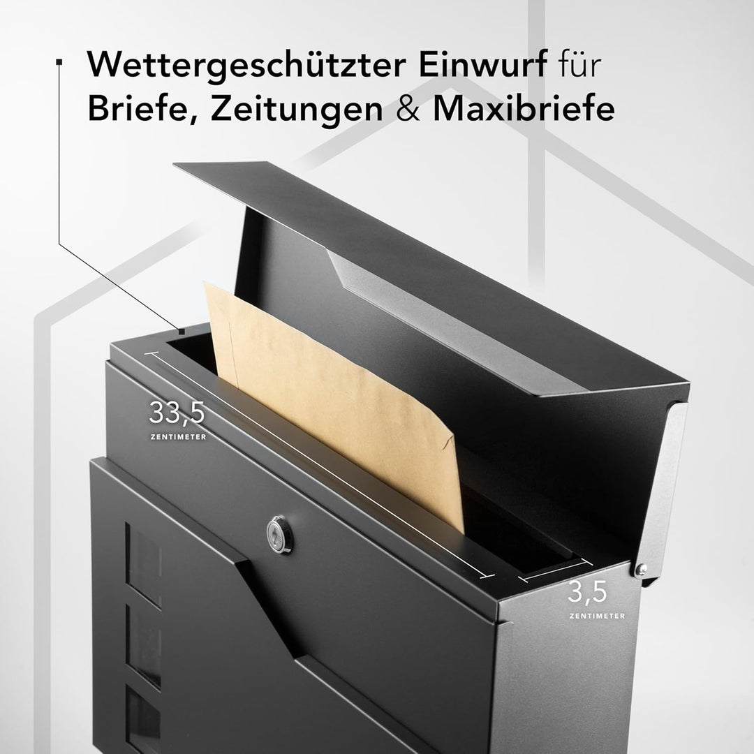 Moderner Briefkasten Personalisierbar Oslo Anthrazit RAL7016 - mit Zeitungsfach - Wandbriefkasten mi