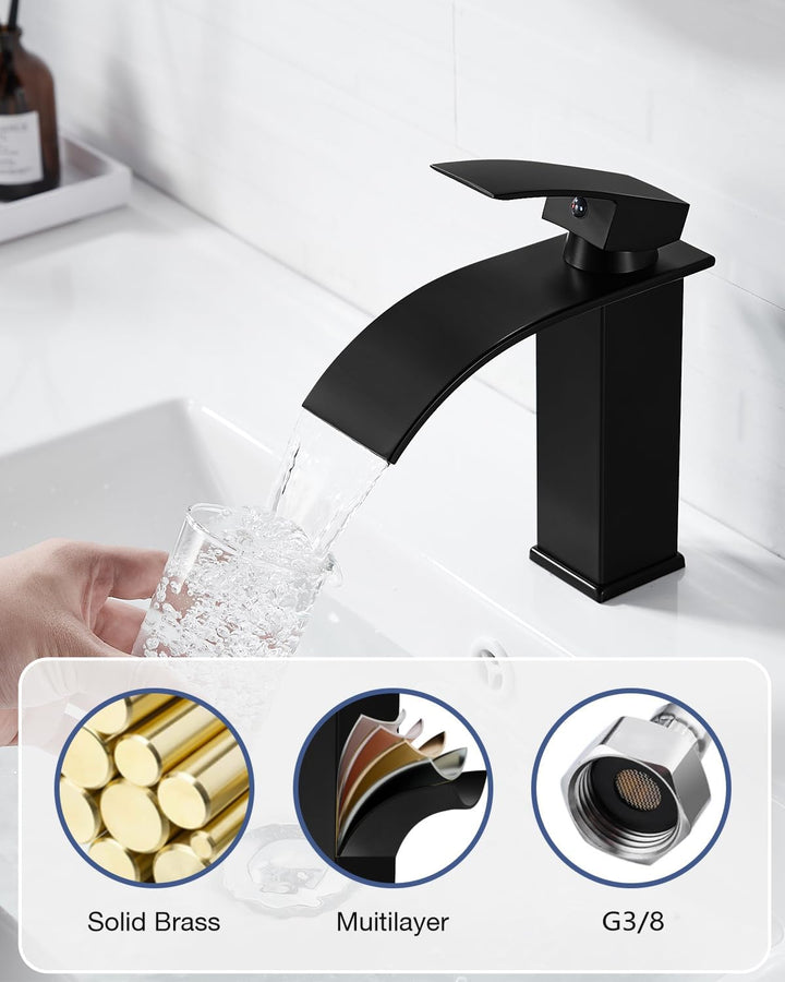 Wasserhahn Bad Schwarz | Wasserfall Waschtischarmatur für Badezimmer | Mischbatterie Waschbecken Ein