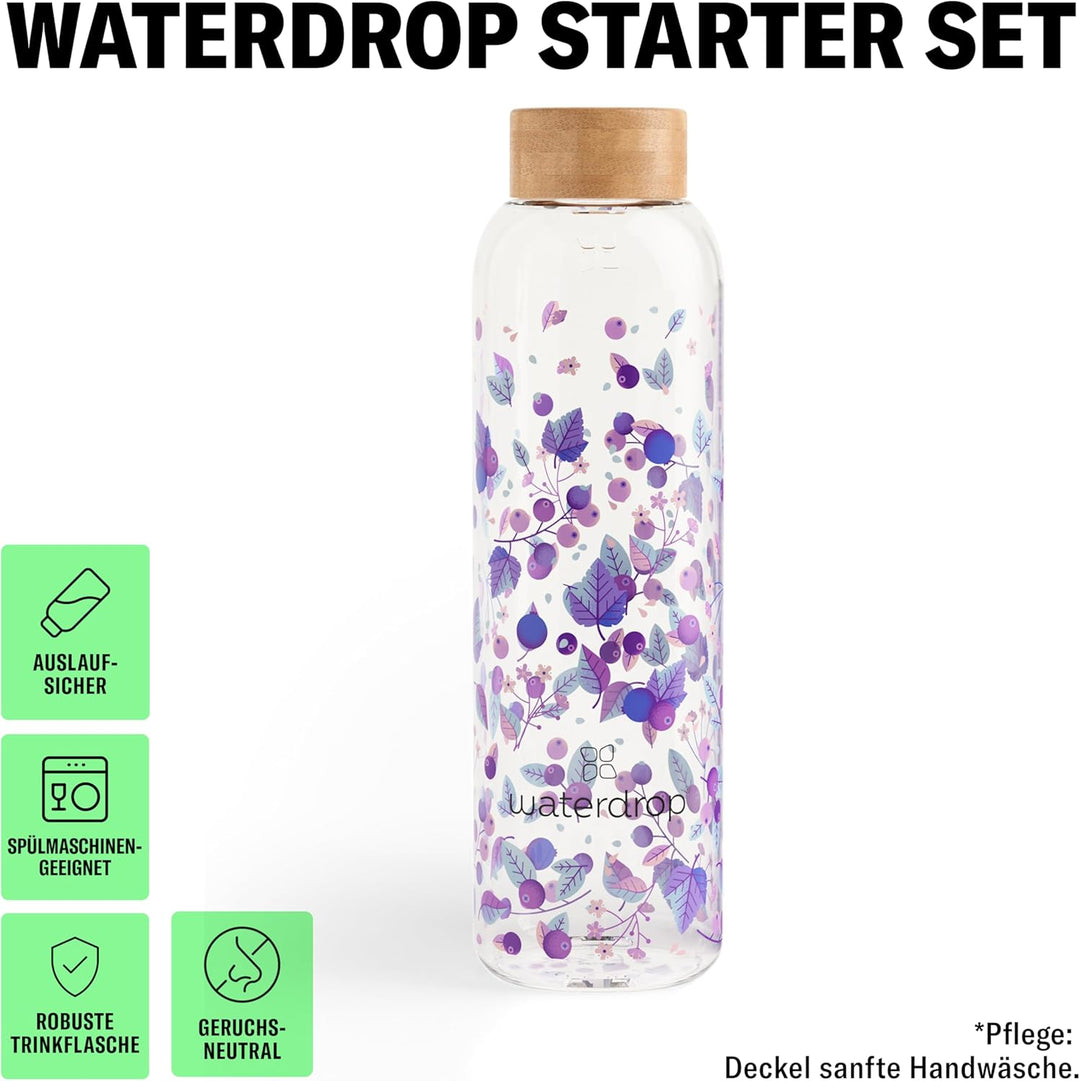 waterdrop® Starter Set Glass – Trinkflasche – 18 zuckerfrei Getränkewürfel zum Auflösen – 6 fruchtig