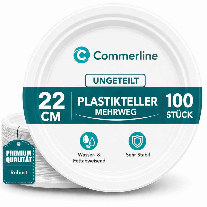 Commerline Plastikteller 100 Stück Ungeteilt | Mehrweg Ø22 cm Plastik Teller Kunststoffteller | Part