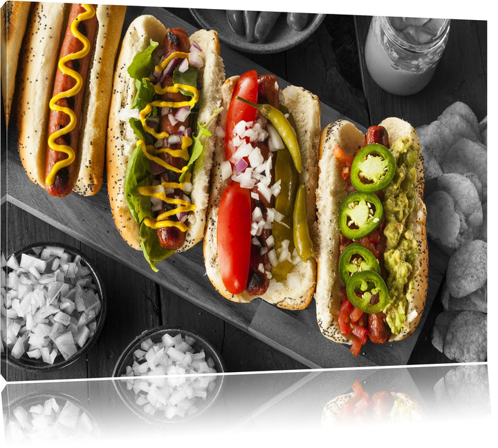 Delikate Hotdogs schwarz/weiss Format: 120x80 cm auf Leinwand, XXL riesige Bilder fertig gerahmt mit