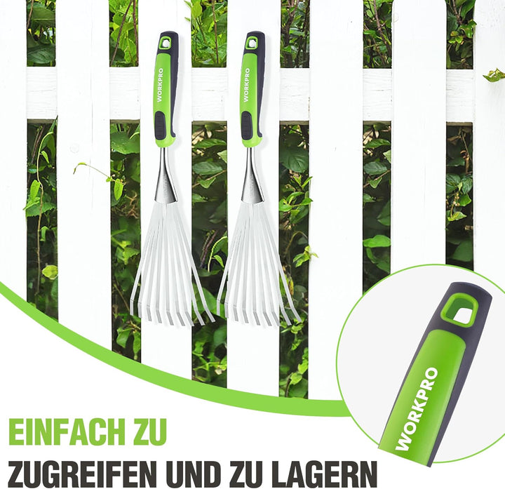 WORKPRO 41 cm Handrechen für Laub, 9-Zahn Gartenhandharke, Edelstahl Fächerrechen mit ergonomischem