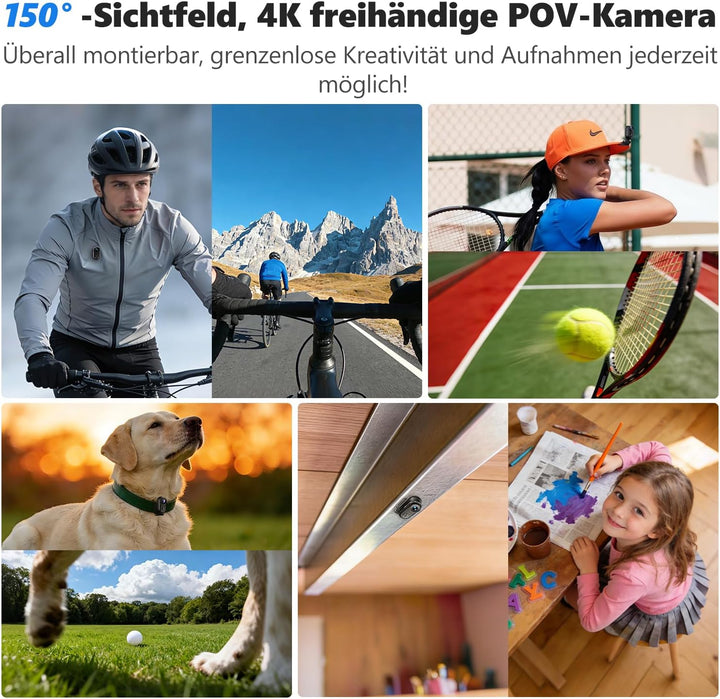 4K 30FPS Vlogging camera, 64GB Bodycam, Tragbare Freihändig POV-Kamera, 150° Winzige Action Cam Wass